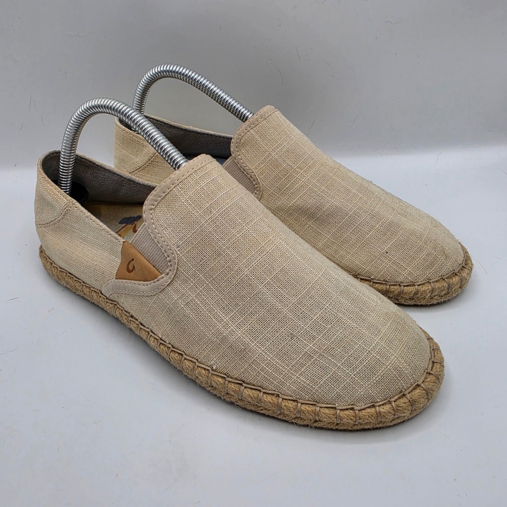 Olukai Kaula Pa'a Kapa Tan Linen Espadrille Slip On Shoes Womens 8.5
